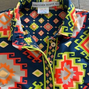 Gretchen Scott Designs womens Vibrant Geometric Shirt - Navy, Orange, Green